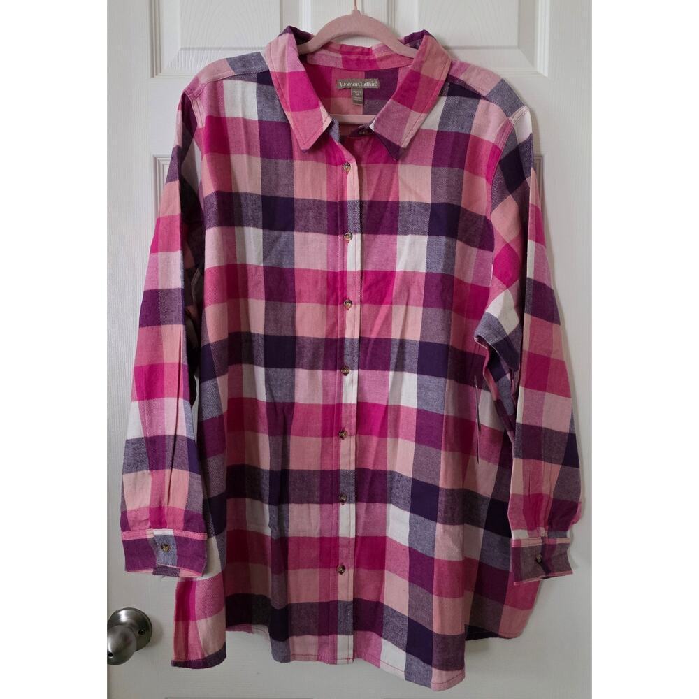 Woman Within Pink / Purple Plaid Flannel Top Size 1X (22/24)
